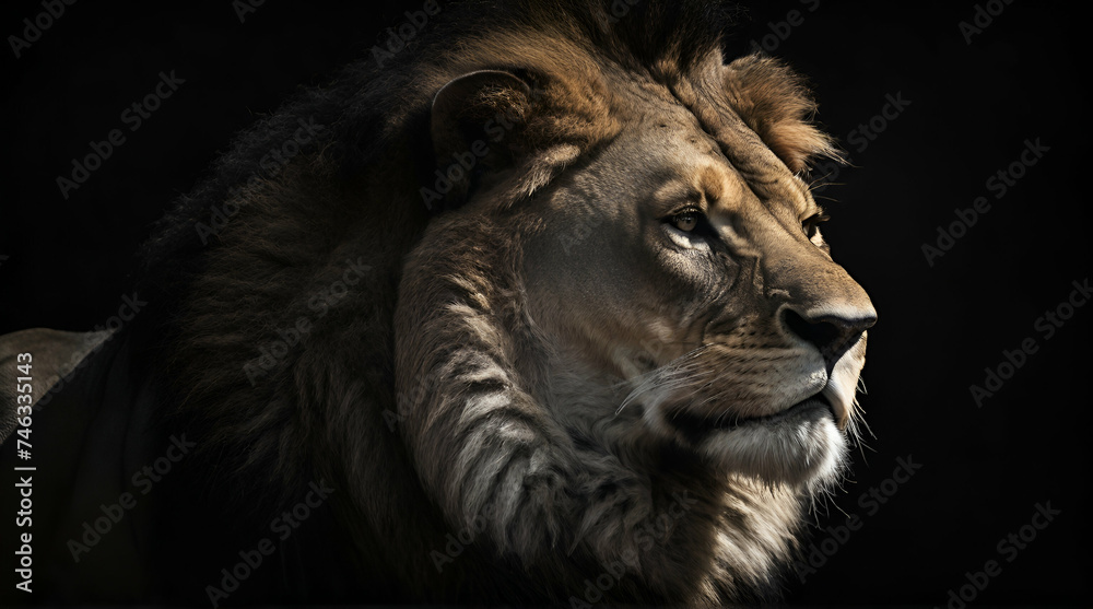 African lion profile portrait on black background, spectacular dramatic king of animals, proud dreaming Panthera leo looking forward. Low key photo  generative ai