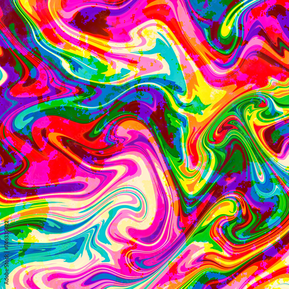 Abstract colorful wavy groovy psychedelic background. Grunge retro psychedelic background