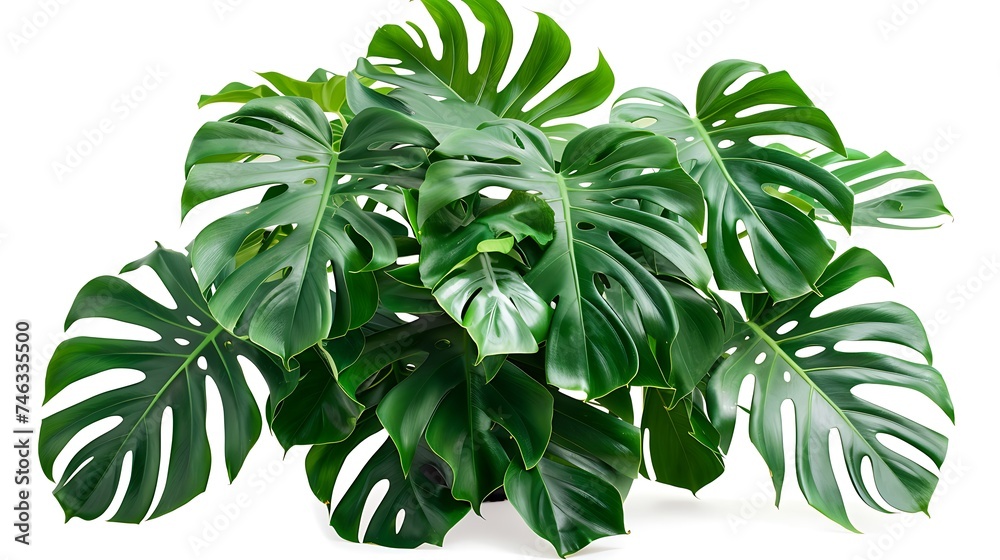 Dark green leaves of monstera plant or split-leaf philodendron the tropical foliage plant bush popular houseplant growing in indoor white plant pot isolated on white background. Generative Ai - obrazy, fototapety, plakaty 