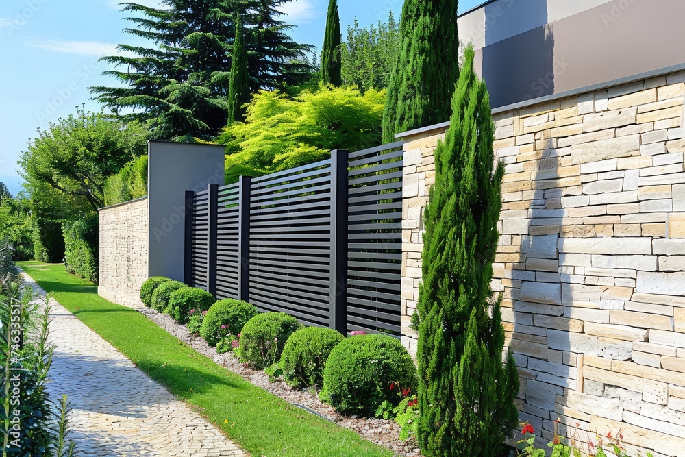 Long Fence Architectural Design with Wall and Grill Combination, Masonry Wall in Minimalist Style