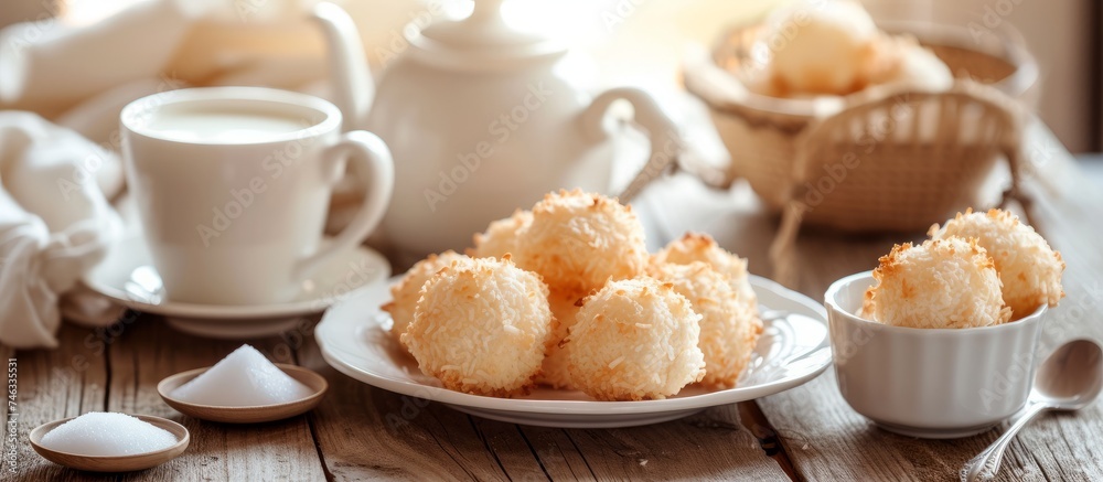 Delicious coconut nuts served with a steaming cup of aromatic coffee on a rustic plate