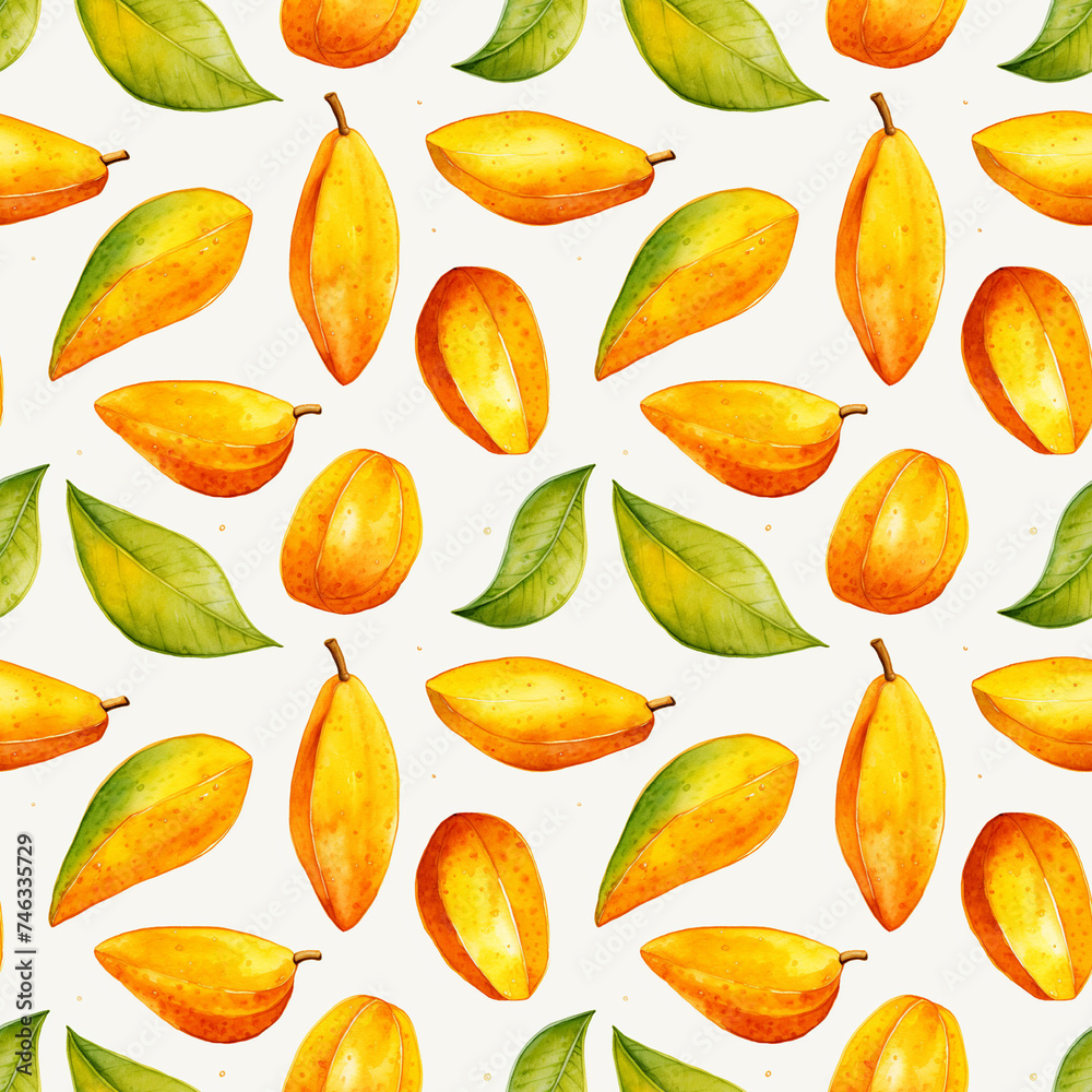 Watercolor Mango Seamless Pattern, Aquarelle Yellow Tropical Fruit Cut, Creative Watercolor Mango Tile Watercolor Mango Seamless Pattern, Aquarelle Yellow Tropical Fruit Cut, Creative Watercolor Mango Tile