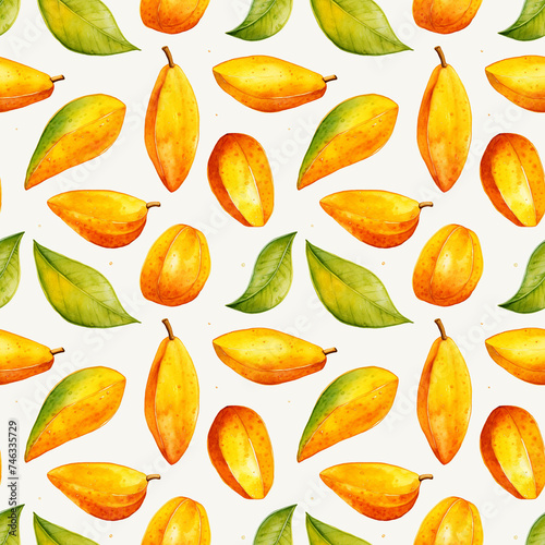 Watercolor Mango Seamless Pattern, Aquarelle Yellow Tropical Fruit Cut, Creative Watercolor Mango Tile photo