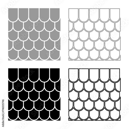 Roof ceramic tiled corrugated tile rooftop house material slate set icon grey black color vector illustration image solid fill outline contour line thin flat style