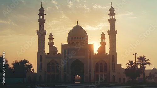 Golden Mosque at Sunset with Palm Trees
