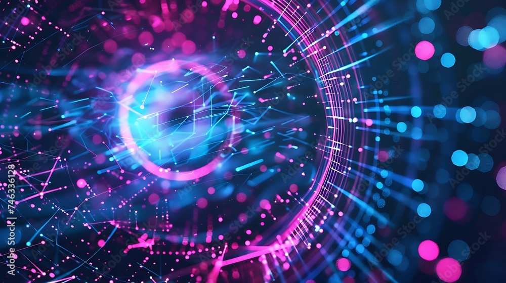 Digital technology metaverse neon blue pink background, cyber information, abstract speed connect communication, innovation future meta tech, internet network connection, Ai big data. Generative Ai