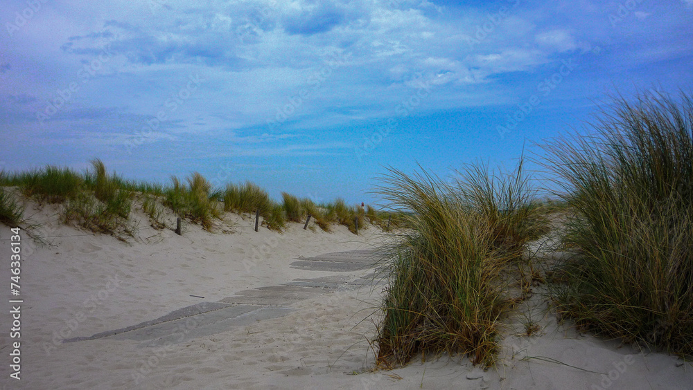 Sand dunes and maritime seascape coast view in Warnemunde Rostock, Germany at East Sea Sand dunes and maritime seascape coast view in Warnemunde Rostock, Germany at East Sea