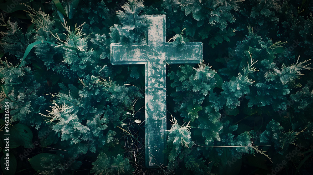 Cross in Dark Teal Grass and Wooden Grave Stone Cross in Dark Teal Grass and Wooden Grave Stone