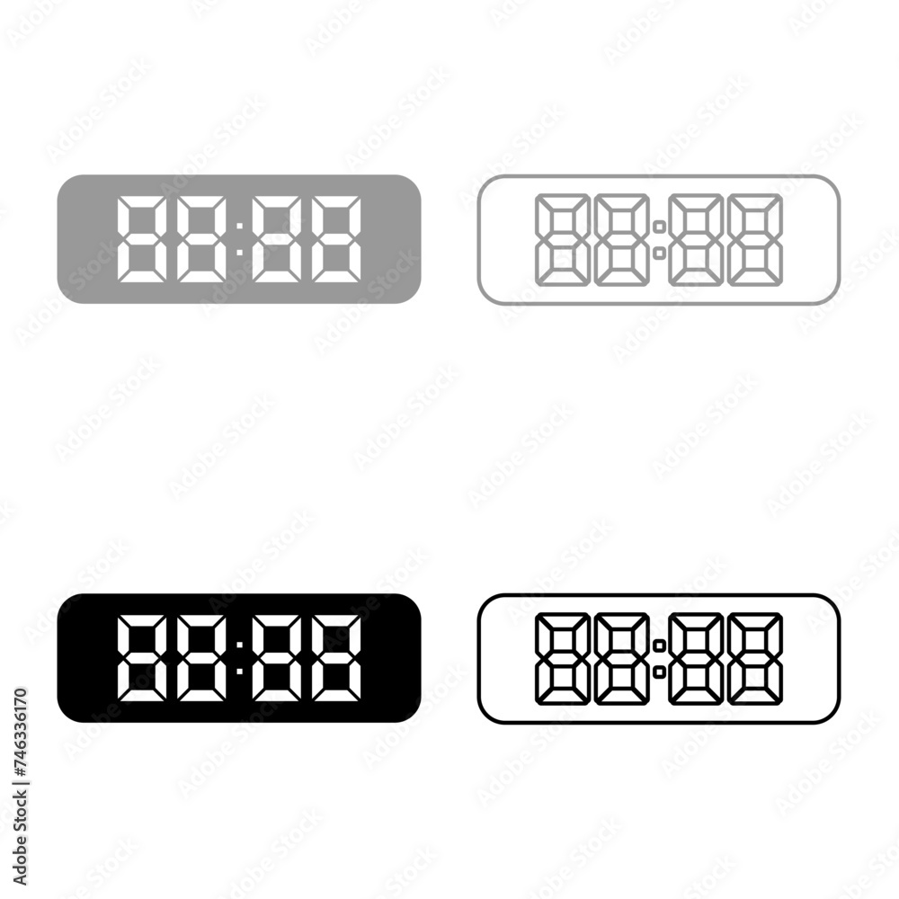 Digital table clock electronic display desk watch set icon grey black color vector illustration image solid fill outline contour line thin flat style Digital table clock electronic display desk watch set icon grey black color vector illustration image solid fill outline contour line thin flat style