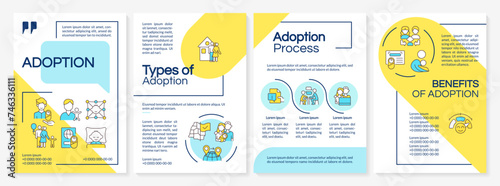 Adoption blue and yellow brochure template. Becoming parents. Leaflet design with linear icons. Editable 4 vector layouts for presentation, annual reports. Questrial, Lato-Regular fonts used