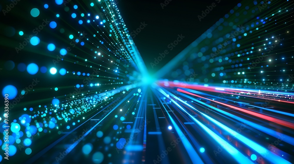 Digital technology speed connect blue green background, cyber nano information, innovation future tech data, internet network connection, Ai big data, line dot illustration 3d. Generative Ai