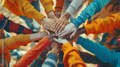 Group of arms and hands in a circle of multiethnic diverse people, Unity concept, no room for racism.