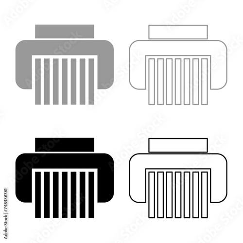 Paper shredder confidential paper grinder document office tools set icon grey black color vector illustration image solid fill outline contour line thin flat style