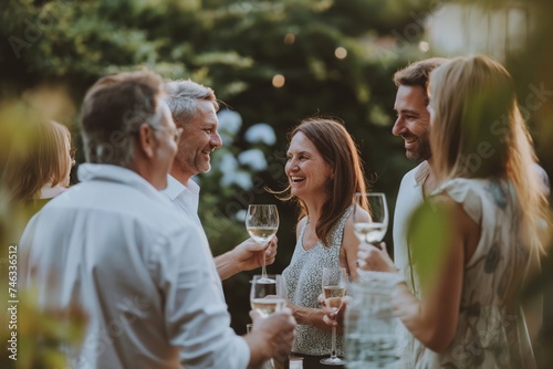 Group of smiling adults enjoying wine and conversation outdoors with greenery