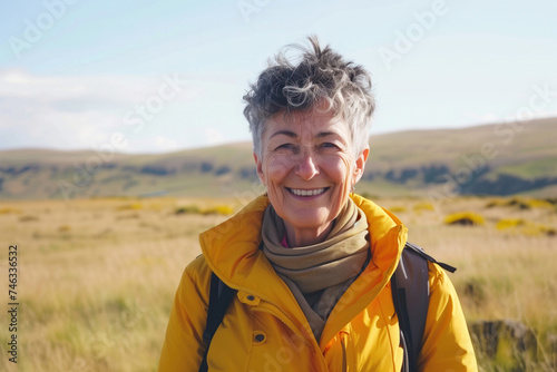 Joyful elderly lady with short grey hair, outdoors wearing a yellow jacket, with hills behind