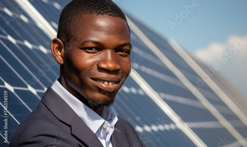 Portrait of young black African businessman and sustainable business entrepreneur staring at the camera with solar farm and solar panels in background. Isolated shot with bokeh, sunny, bright, outside © Goodwave Studio