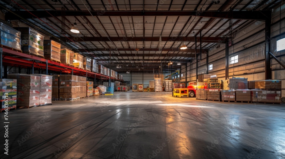 Photo of Warehouse Interior, Inventory Stacks, Industrial Environment.