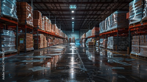 Photo of Warehouse Interior, Inventory Stacks, Industrial Environment.