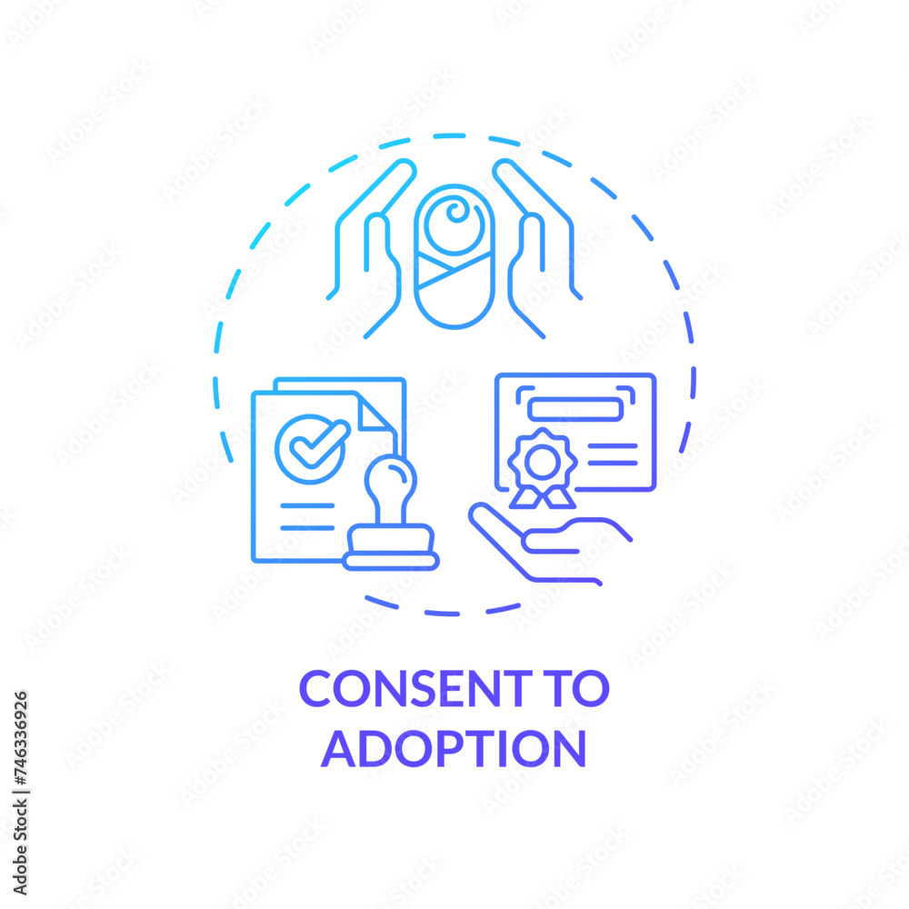 Consent to adoption blue gradient concept icon. Adoption certificate. Becoming parents. Legal documents. Child welfare. Round shape line illustration. Abstract idea. Graphic design. Easy to use Consent to adoption blue gradient concept icon. Adoption certificate. Becoming parents. Legal documents. Child welfare. Round shape line illustration. Abstract idea. Graphic design. Easy to use