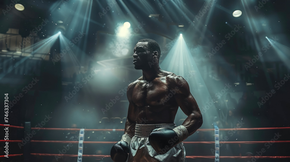 Boxing champion roaring with spotlight on a ring. Generative AI.