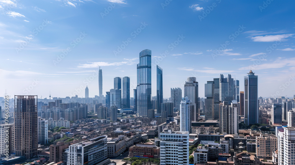 Detailed modern current contemporary urban metropolis scene with skyscrapers and high-rise buildings. Aerial drone shot with cityscape view. Background, texture, template. Sunny, bright, blue sky 