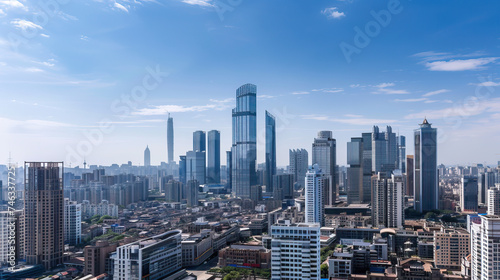 Detailed modern current contemporary urban metropolis scene with skyscrapers and high-rise buildings. Aerial drone shot with cityscape view. Background, texture, template. Sunny, bright, blue sky 
