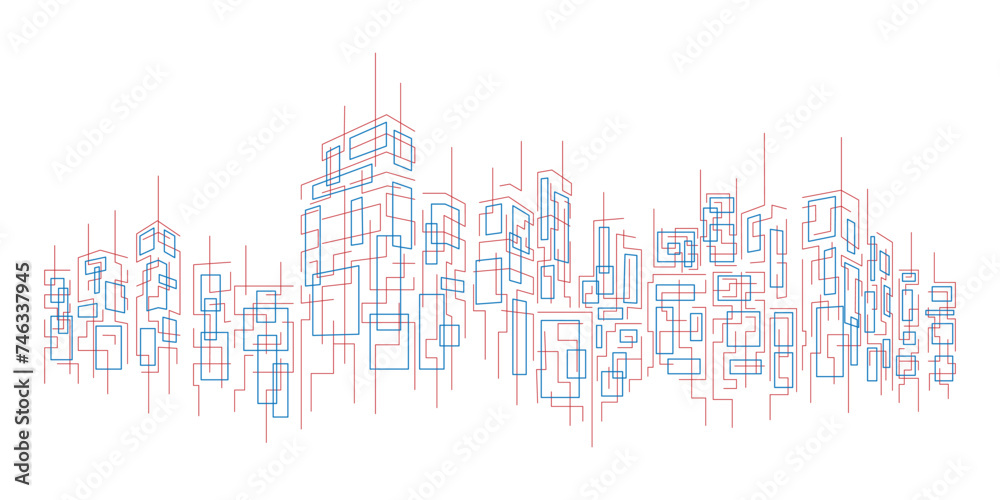 City landscape on a white background. Urban design art in the form of lines. Graphics for making unique backgrounds. Minimal technology design concept. Vector illustration.