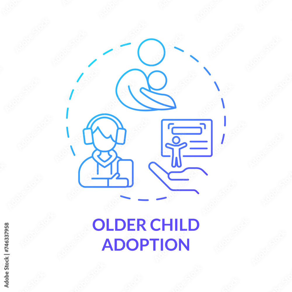 Older child adoption blue gradient concept icon. Find family for teenager. Teen caregiver. Loving and caring parent. Round shape line illustration. Abstract idea. Graphic design. Easy to use Older child adoption blue gradient concept icon. Find family for teenager. Teen caregiver. Loving and caring parent. Round shape line illustration. Abstract idea. Graphic design. Easy to use