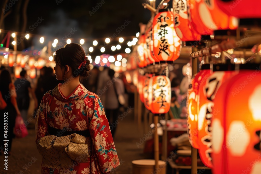 Orient New Year, Japanese Traditional Holiday Festivals with Shrines, Stalls, Lanterns, Yukata Drums - obrazy, fototapety, plakaty 