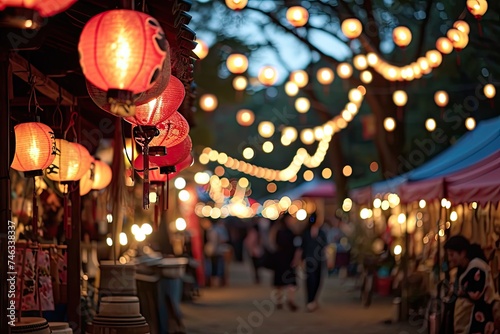 Orient New Year, Japanese Traditional Holiday Festivals with Shrines, Stalls, Lanterns, Yukata Drums