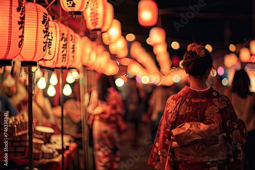 Orient New Year, Japanese Traditional Holiday Festivals with Shrines, Stalls, Lanterns, Yukata Drums photo