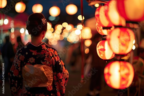Orient New Year, Japanese Traditional Holiday Festivals with Shrines, Stalls, Lanterns, Yukata Drums