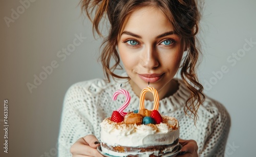 Young woman with a creamy 20th birthday cake. Excitement of entering one's twenties or for use in birthday-related content.