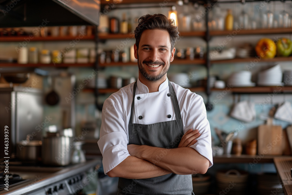 Handsome Male chef with arms crossed wears apron standing in restaurant kitchen and smiling