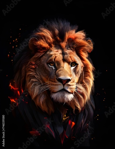 Lion King in Fire  Wild Animal  Portrait on Black Background. Generative AI