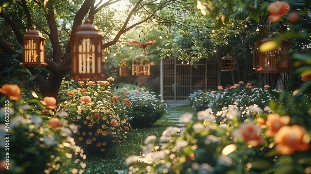 The garden of a retirement community is surrounded by beautiful flowers and plants. There are many trees with various birdcages hanging on the trees. Generative AI.