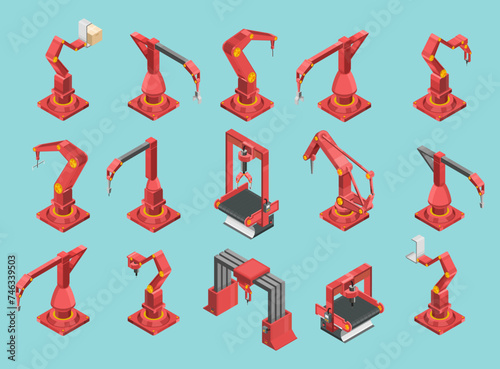 Isometric set of red and grey conveyor machines with robotic hands. Automatic equipment industry technology concept. Vector illustration.
