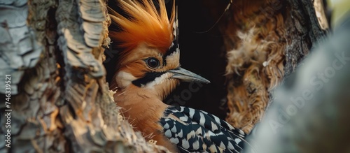 Close up of an Eurasian Hoopoe, a bird with a distinctive crest and black and white striped wings, perched in a tree in Czech Republic while feeding.