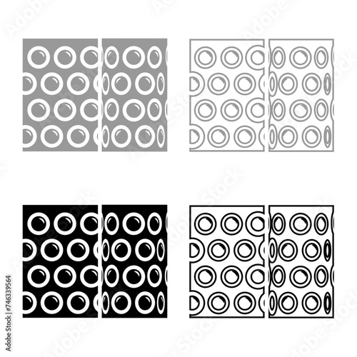 Air bubble wrap film for cushioning fragile packaging shockproof plastic roll polyethylene cargo safety concept set icon grey black color vector illustration image solid fill outline contour line 