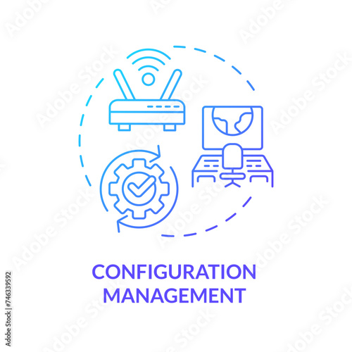 Configuration management blue gradient concept icon. Performance evaluation, monitoring tools. Server maintenance. Round shape line illustration. Abstract idea. Graphic design. Easy to use