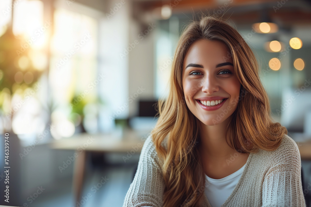 Fototapeta premium Happy business woman talking to her colleague in office