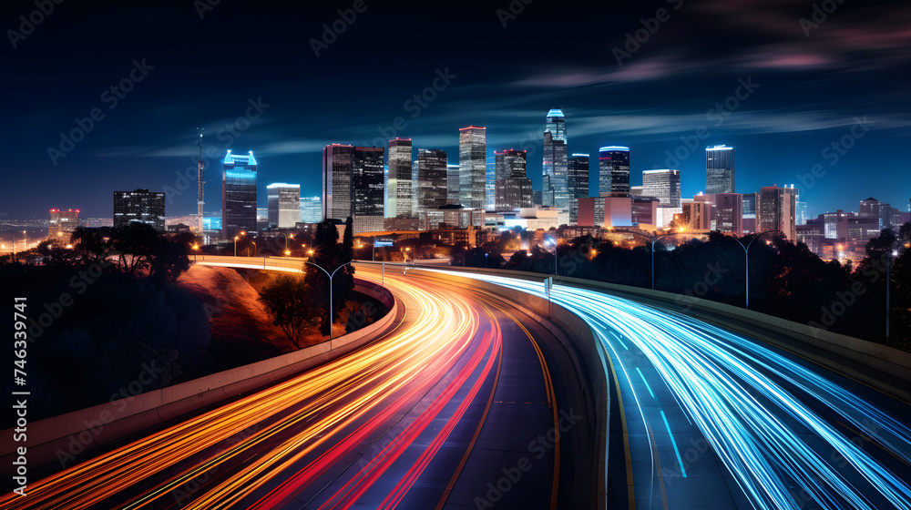 Intensive Nightscapes: A Symphonic Symphony of Urban Night Highway Under a Starlit Sky