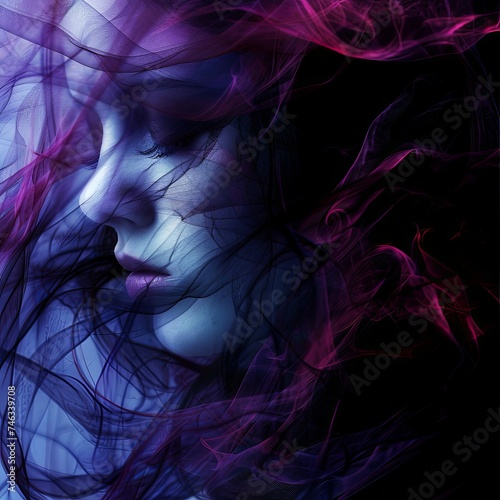 a close up of a woman s face covered in purple smoke