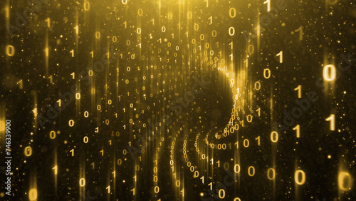 Gold coloured binary numbers cyberspace tunnel illustration background.