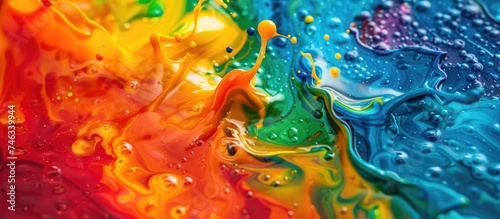 A close-up view of a vibrant rainbow-colored liquid creating a dazzling display. The liquid appears to be flowing and swirling with various hues blending together.