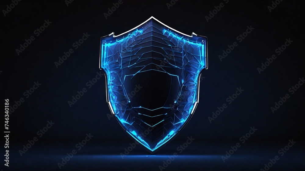 Futuristic 3d security shield made of linear polygons with neon lights on dark blue background. Modern business It, online, cyber safety and protect concept. - obrazy, fototapety, plakaty 