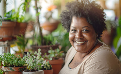 Plus size African American woman enjoying gardening at home surrounded by greenery. Female tends to various potted plants. Professional interest in gardening, lifestyle, hobby and plant care guides.