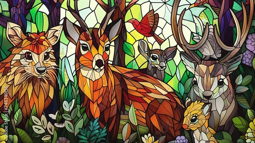  stained glass picture of animals in a stained glass window