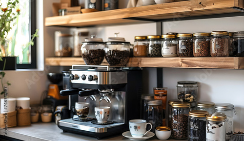 A cute small coffee bar, Set up a dedicated area on counter with a coffee maker, mugs and a small selection of coffee beans or pods. Generative AI.