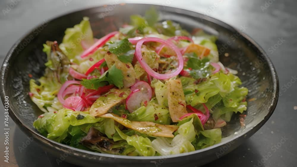 A tantalizing plate of charred romaine salad with a smoky aroma dressed in a y cilantro lime dressing and garnished with crunchy tortilla strips and pickled red onions. A tantalizing plate of charred romaine salad with a smoky aroma dressed in a y cilantro lime dressing and garnished with crunchy tortilla strips and pickled red onions.
